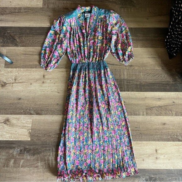 Vintage Diane Freis Maxi Dress Floral, Pleated w/ Shoulder Pad Bohemian - Picture 12 of 14